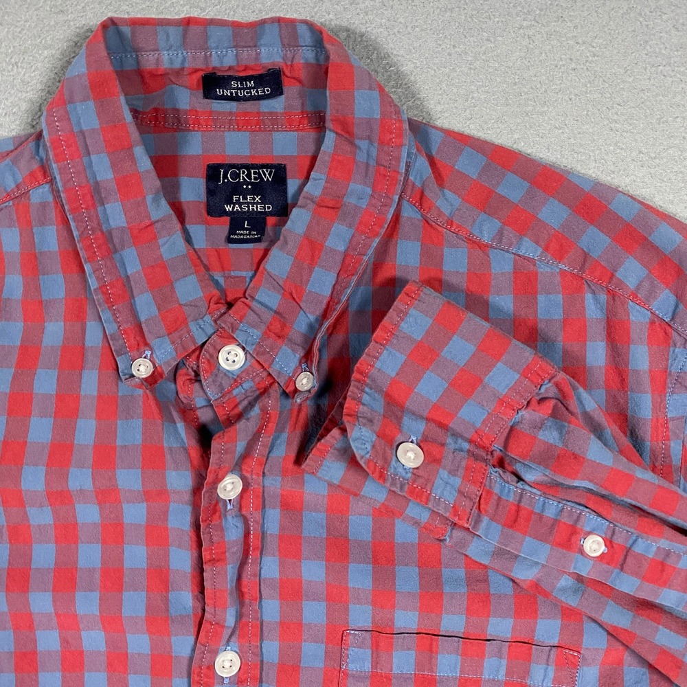 J.Crew Slim Untucked Button Down Mens Large Red Blue Gingham Flex Washed Shirt